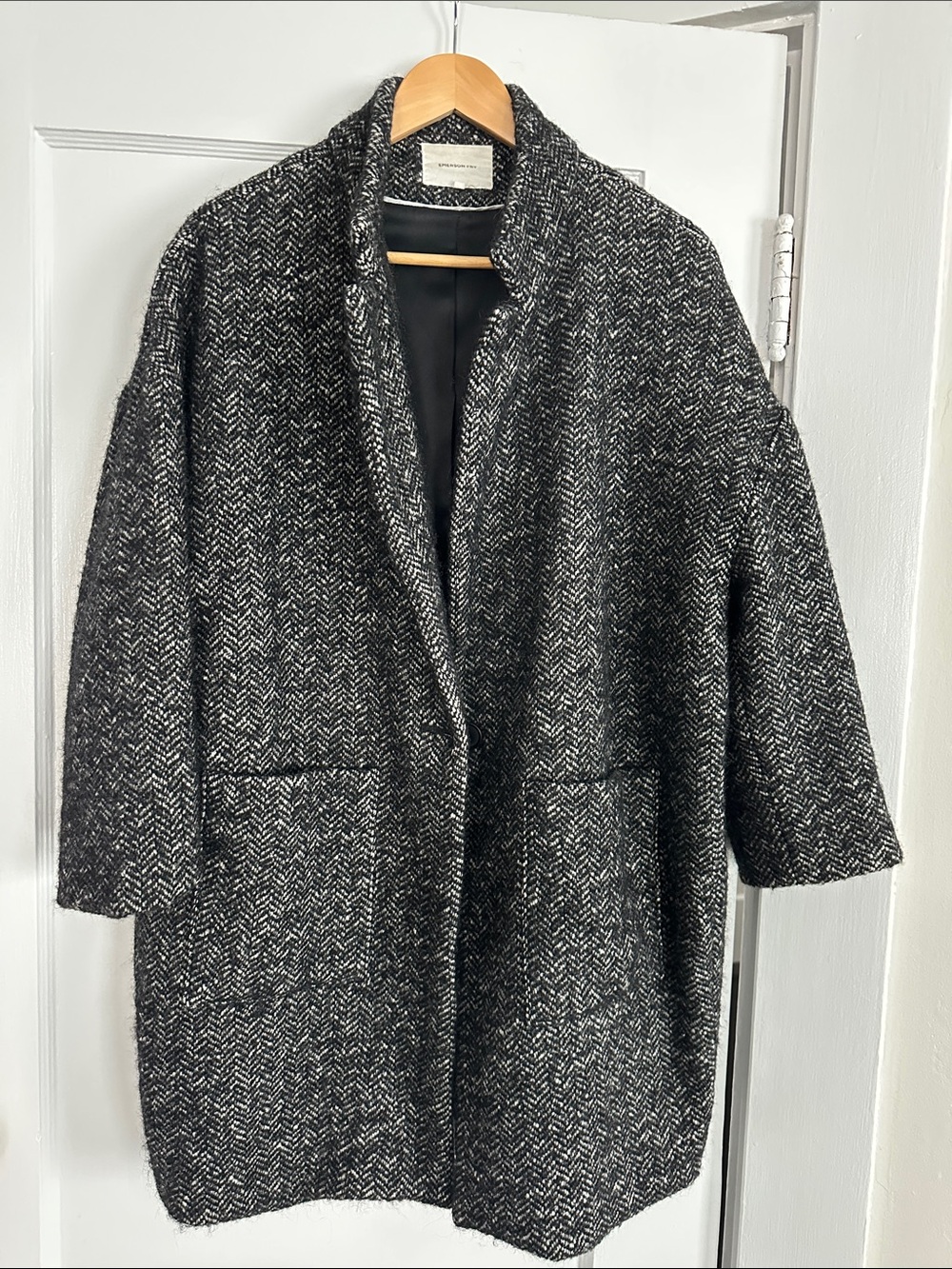 Emerson Fry Black & White Herringbone Wool Peacoat